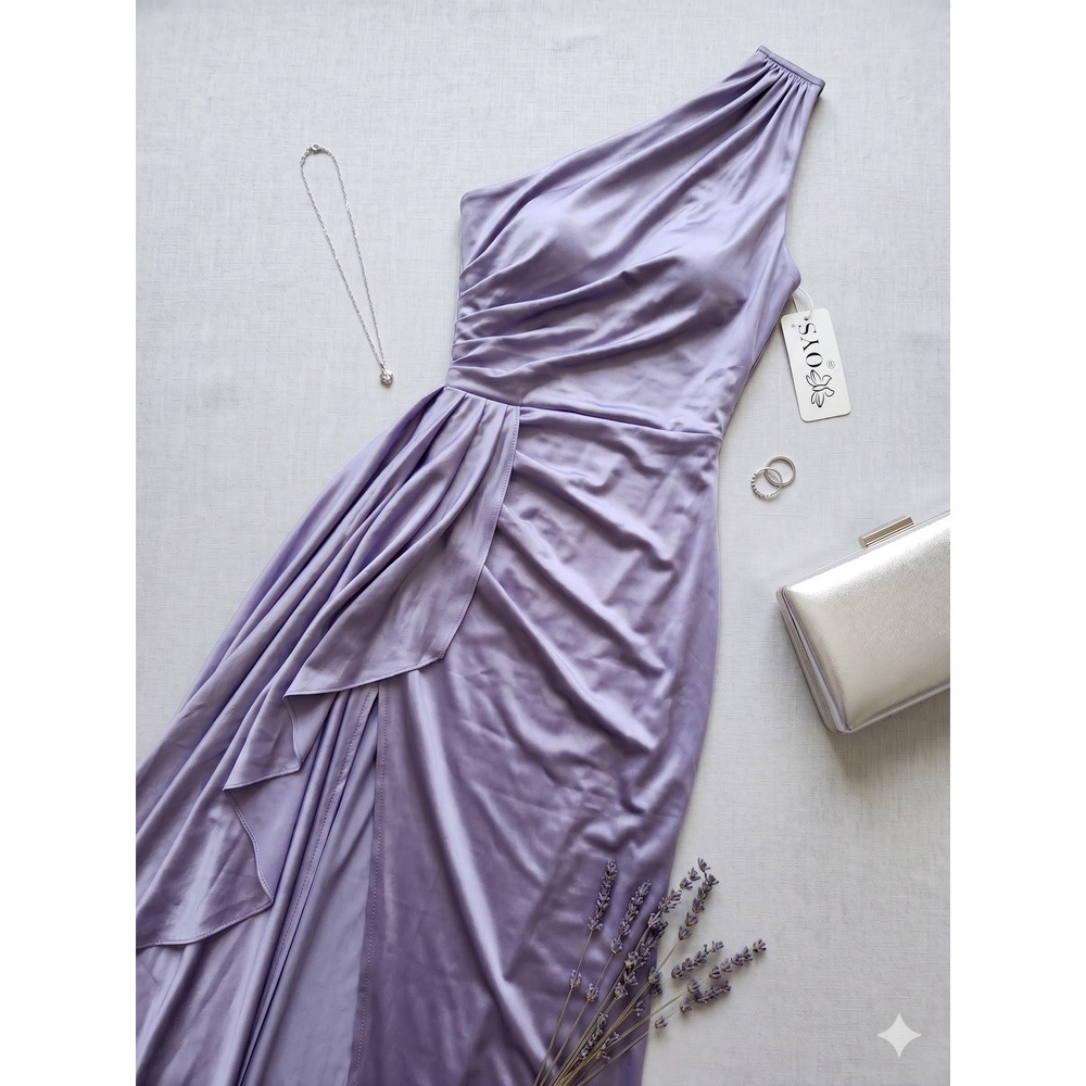 OYS One Shoulder Maxi Dress Womens S Lavender NWT Ruched High Slit Formal Gown